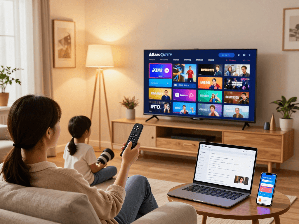 Interface Atlas Pro PC sur Smart TV dans un salon moderne