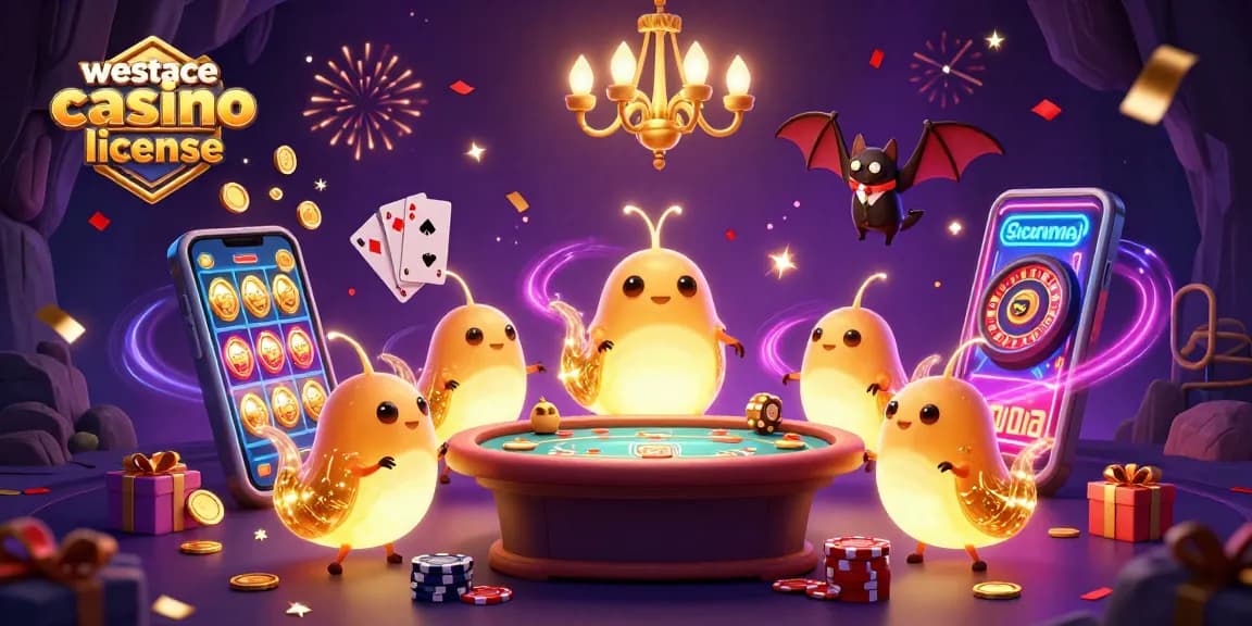 Explorez la licence de WestAce Casino avec des éléments de jeu captivants dans une illustration 3D vibrante.
