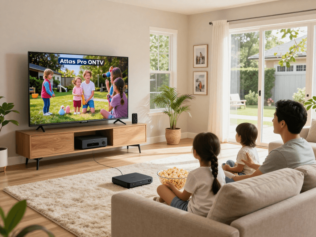 Une famille profitant d'Atlas Pro ONTV sur leur smart TV dans un salon confortable, moments de partage familial.