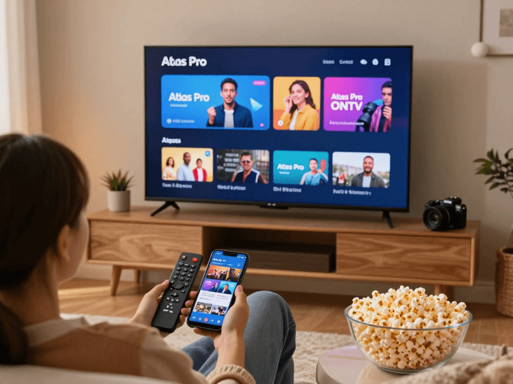 Expérience immersive avec l'application atlas pro sur Smart TV, ambiance cosy cinéma à domicile.