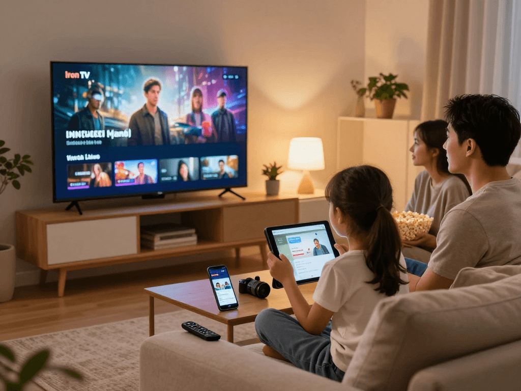Famille profitant d'Iron TV sur un grand écran dans un salon confortable.