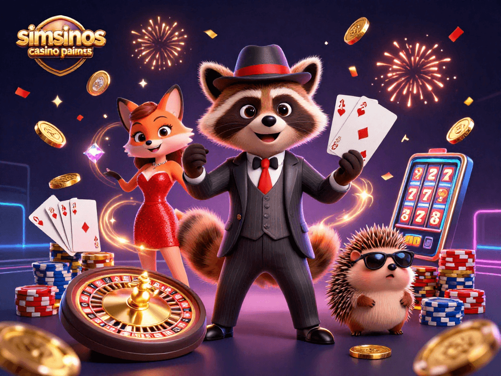 Illustration dynamique de paiements au Simsinos Casino avec des personnages de casino et un tube de jackpot.