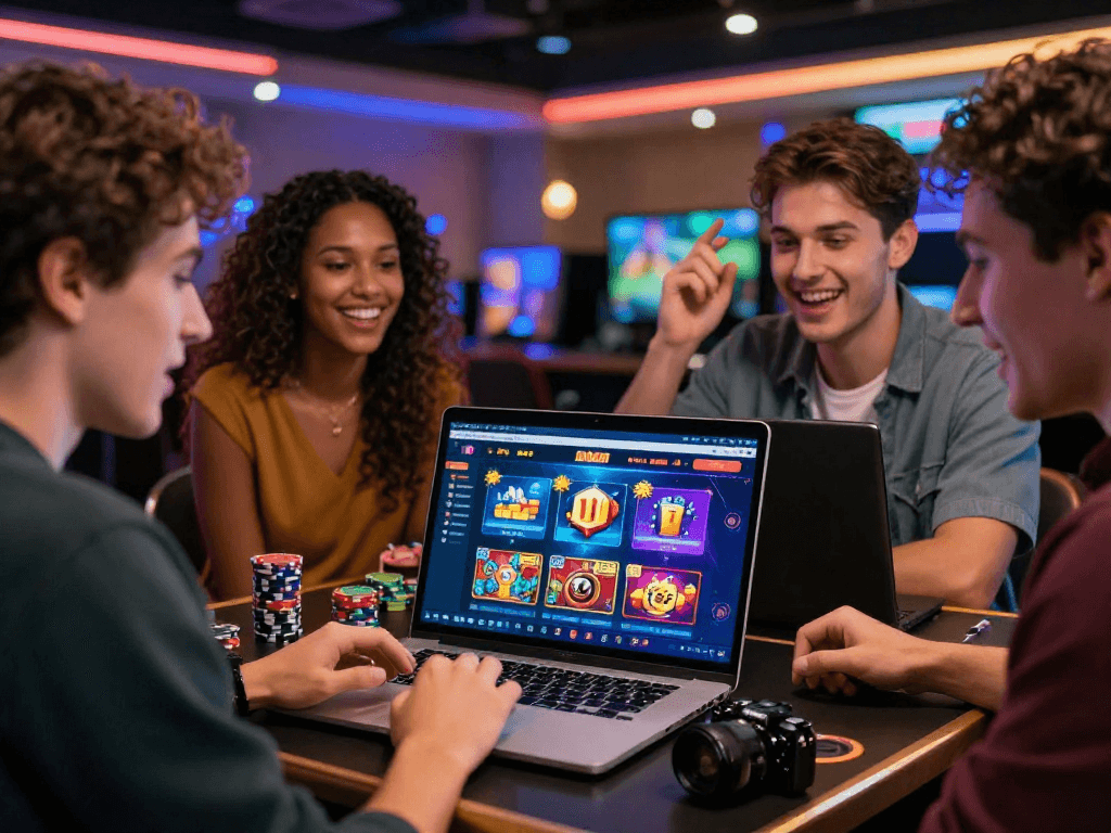 Joueurs enthousiastes explorant un nouveau casino en ligne avec des graphismes modernes et des options de bonus.