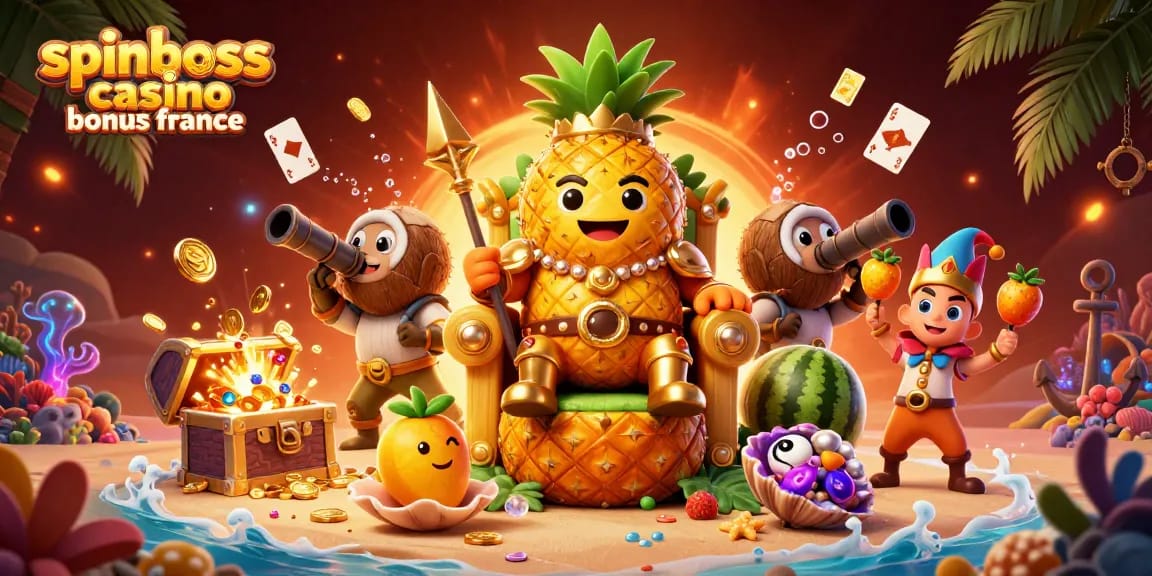 Découvrez le bonus spinboss casino france avec une scène animée de personnages colorés et des éléments de casino.