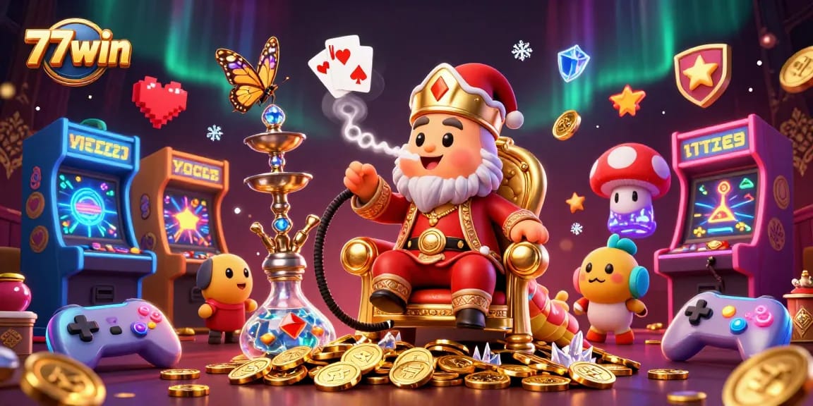 Engage in thrilling gameplay with 77win's colorful 3D casino illustrations featuring vibrant interactive gaming elements.